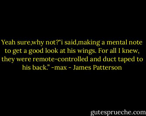 Yeah sure,why not?"i said,making a mental note to get a good look at his wings. For all I knew, they were remote-controlled and duct taped to his back.”<br />-max - James Patterson