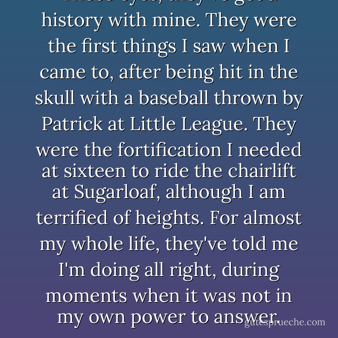 Those eyes, they've got a history with mine. They were the first things I saw when I came to, after being hit in the skull with a baseball thrown by Patrick at Little League. They were the fortification I needed at sixteen to ride the chairlift at Sugarloaf, although I am terrified of heights. For almost my whole life, they've told me I'm doing all right, during moments when it was not in my own power to answer. - Jodi Picoult
