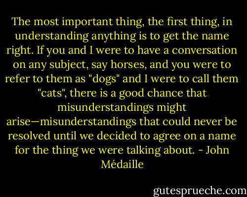 The most important thing, the first thing, in understanding anything is to get the name right. If you and I were to have a conversation on any subject, say horses, and you were to refer to them as "dogs" and I were to call them "cats", there is a good chance that misunderstandings might arise—misunderstandings that could never be resolved until we decided to agree on a name for the thing we were talking about. - John Médaille