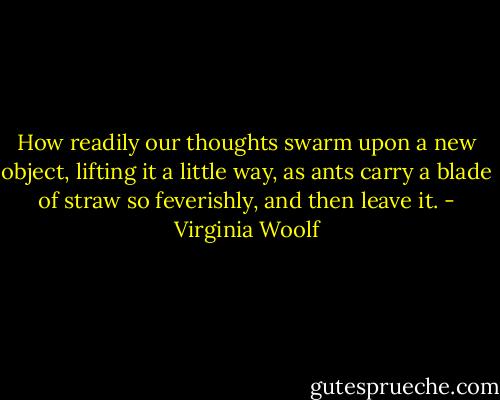 How readily our thoughts swarm upon a new object, lifting it a little way, as ants carry a blade of straw so feverishly, and then leave it. - Virginia Woolf