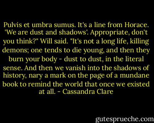 Pulvis et umbra sumus. It's a line from Horace. 'We are dust and shadows'. Appropriate, don't you think?" Will said. "It's not a long life, killing demons; one tends to die young, and then they burn your body - dust to dust, in the literal sense. And then we vanish into the shadows of history, nary a mark on the page of a mundane book to remind the world that once we existed at all. - Cassandra Clare