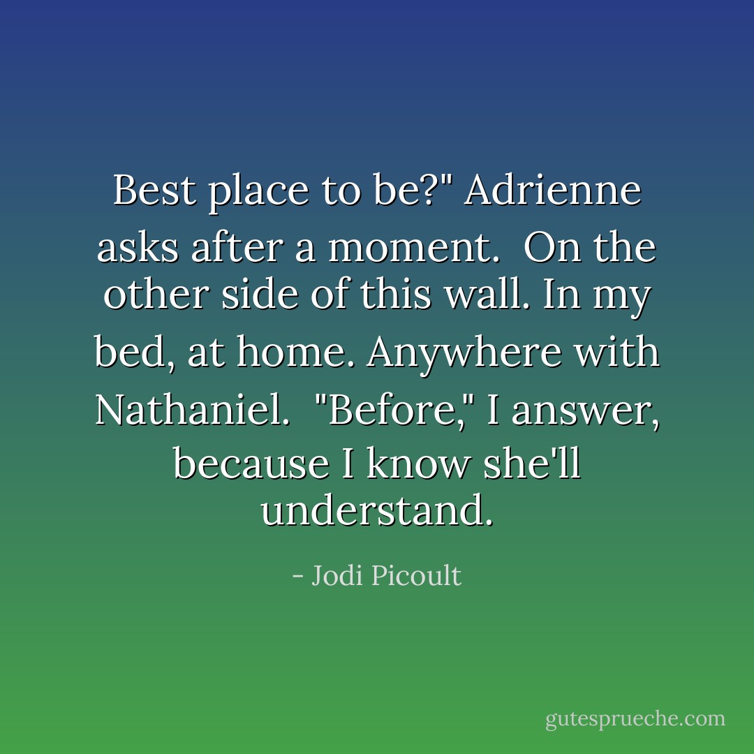 Best place to be?" Adrienne asks after a moment.<br /><i> On the other side of this wall. In my bed, at home. Anywhere with Nathaniel. </i><br />"Before," I answer, because I know she'll understand. - Jodi Picoult