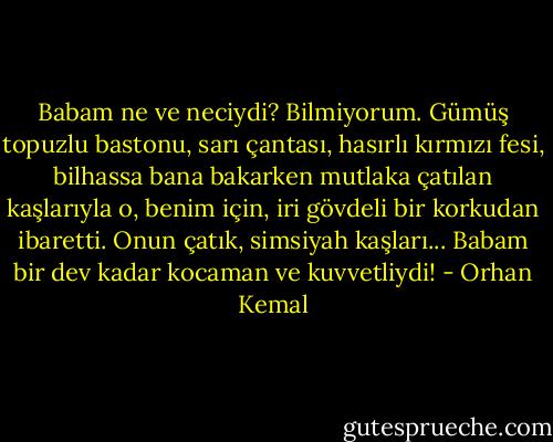 Babam ne ve neciydi? Bilmiyorum. Gümüş topuzlu bastonu, sarı çantası, hasırlı kırmızı fesi, bilhassa bana bakarken mutlaka çatılan kaşlarıyla o, benim için, iri gövdeli bir korkudan ibaretti. Onun çatık, simsiyah kaşları... Babam bir dev kadar kocaman ve kuvvetliydi! - Orhan Kemal