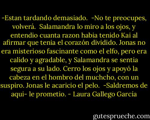 -Estan tardando demasiado. <br />-No te preocupes, volverá. <br />Salamandra lo miro a los ojos, y entendio cuanta razon habia tenido Kai al afirmar que tenia el corazón dividido. Jonas no era misterioso fascinante como el elfo, pero era calido y agradable, y Salamandra se sentia segura a su lado. Cerro los ojos y apoyó la cabeza en el hombro del muchcho, con un suspiro. Jonas le acaricio el pelo. <br />-Saldremos de aqui- le prometio. - Laura Gallego García