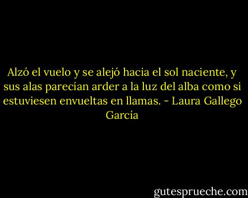 Alzó el vuelo y se alejó hacia el sol naciente, y sus alas parecían arder a la luz del alba como si estuviesen envueltas en llamas. - Laura Gallego García