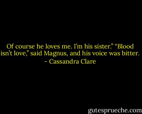 Of course he loves me. I’m his sister.”<br />“Blood isn’t love,” said Magnus, and his voice was bitter. - Cassandra Clare