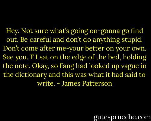 Hey. Not sure what’s going on-gonna go find out. Be careful and don’t do anything stupid. Don’t come after me-your better on your own. See you. F<br />I sat on the edge of the bed, holding the note.<br />Okay, so Fang had looked up vague in the dictionary and this was what it had said to write. - James Patterson