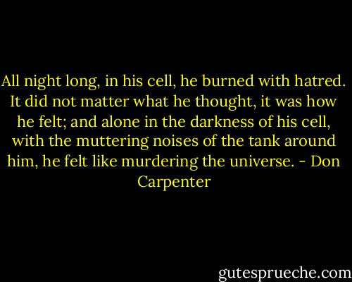 All night long, in his cell, he burned with hatred. It did not matter what he thought, it was how he felt; and alone in the darkness of his cell, with the muttering noises of the tank around him, he felt like murdering the universe. - Don Carpenter