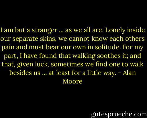 I am but a stranger ... as we all are. Lonely inside our separate skins, we cannot know each others pain and must bear our own in solitude. For my part, I have found that walking soothes it; and that, given luck, sometimes we find one to walk besides us ... at least for a little way. - Alan Moore