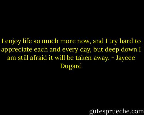 I enjoy life so much more now, and I try hard to appreciate each and every day, but deep down I am still afraid it will be taken away. - Jaycee Dugard