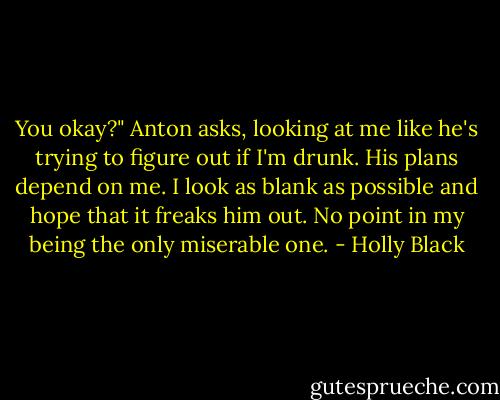 You okay?" Anton asks, looking at me like he's trying to figure out if I'm drunk. His plans depend on me. I look as blank as possible and hope that it freaks him out. No point in my being the only miserable one. - Holly Black