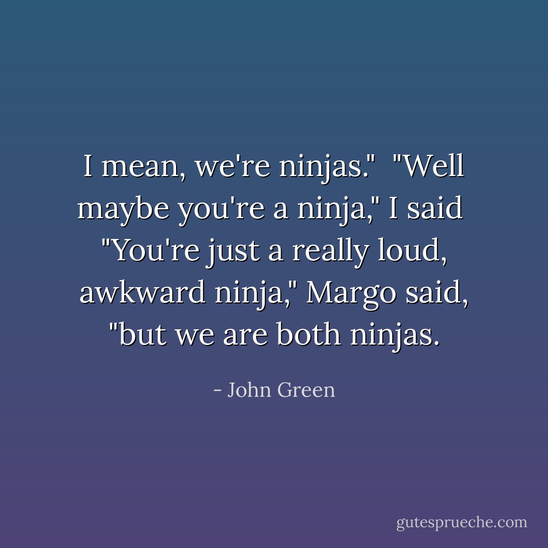 I mean, we're ninjas."<br /><br />"Well maybe <i>you're</i> a ninja," I said<br /><br />"You're just a really loud, awkward ninja," Margo said, "but we are both ninjas. - John Green