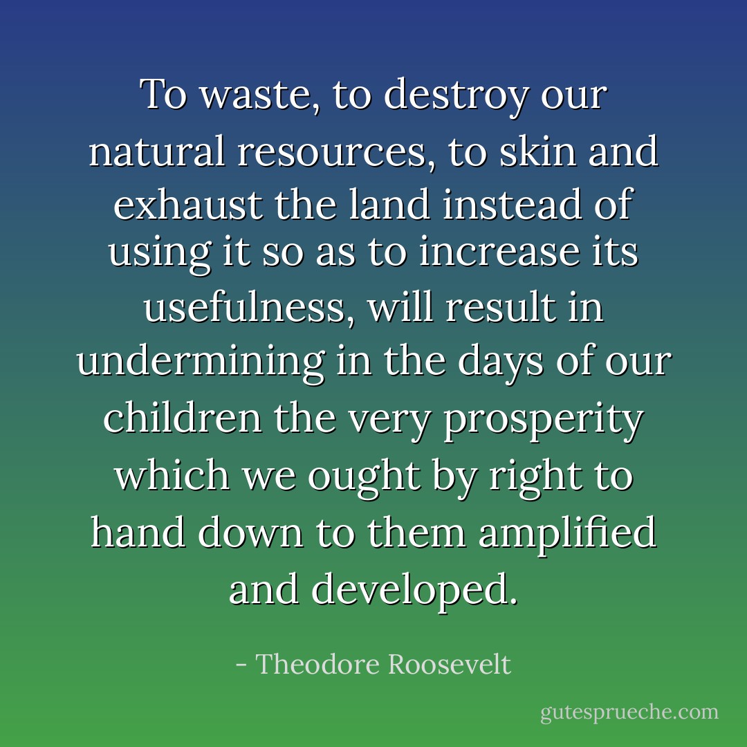 To waste, to destroy our natural resources, to skin and exhaust the land instead of using it so as to increase its usefulness, will result in undermining in the days of our children the very prosperity which we ought by right to hand down to them amplified and developed. - Theodore Roosevelt