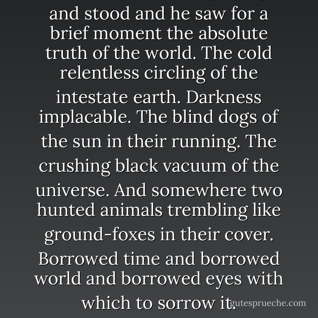 He walked out in the gray light and stood and he saw for a brief moment the absolute truth of the world. The cold relentless circling of the intestate earth. Darkness implacable. The blind dogs of the sun in their running. The crushing black vacuum of the universe. And somewhere two hunted animals trembling like ground-foxes in their cover. Borrowed time and borrowed world and borrowed eyes with which to sorrow it. - Cormac McCarthy