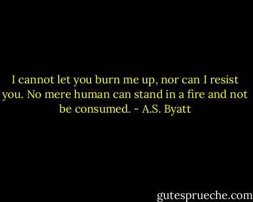 I cannot let you burn me up, nor can I resist you. No mere human can stand in a fire and not be consumed. - A.S. Byatt
