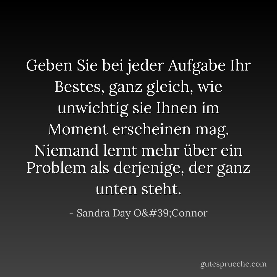 Geben Sie bei jeder Aufgabe Ihr Bestes, ganz gleich, wie unwichtig sie Ihnen im Moment erscheinen mag. Niemand lernt mehr über ein Problem als derjenige, der ganz unten steht. - Sandra Day O'Connor<