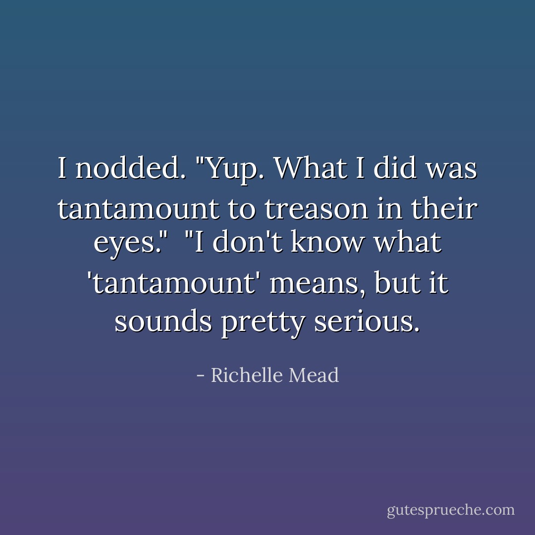 I nodded. "Yup. What I did was tantamount to treason in their eyes."<br /> "I don't know what 'tantamount' means, but it sounds pretty serious. - Richelle Mead