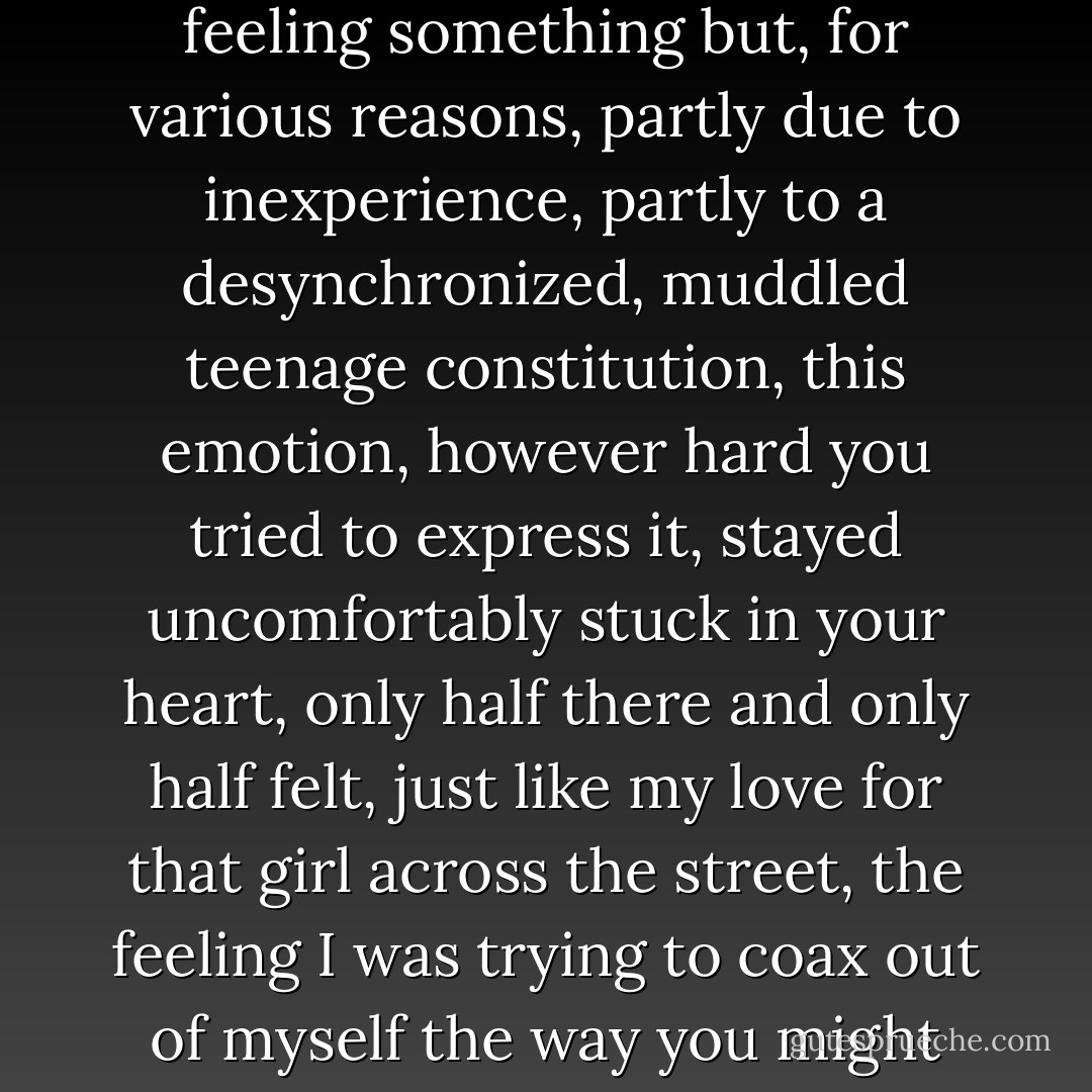 Here, too, I recognized-easily, from firsthand experience, since this kind of thing happened at my age-the heat of the moment, the very instant you knew you should be feeling something but, for various reasons, partly due to inexperience, partly to a desynchronized, muddled teenage constitution, this emotion, however hard you tried to express it, stayed uncomfortably stuck in your heart, only half there and only half felt, just like my love for that girl across the street, the feeling I was trying to coax out of myself the way you might squeeze a toothpaste tube you'd decided to roll from the bottom up but that, distracted, and in a rush, you finally ended up pressing any which way. - Jean-Christophe Valtat
