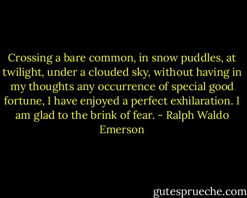 Crossing a bare common, in snow puddles, at twilight, under a clouded sky, without having in my thoughts any occurrence of special good fortune, I have enjoyed a perfect exhilaration. I am glad to the brink of fear. - Ralph Waldo Emerson