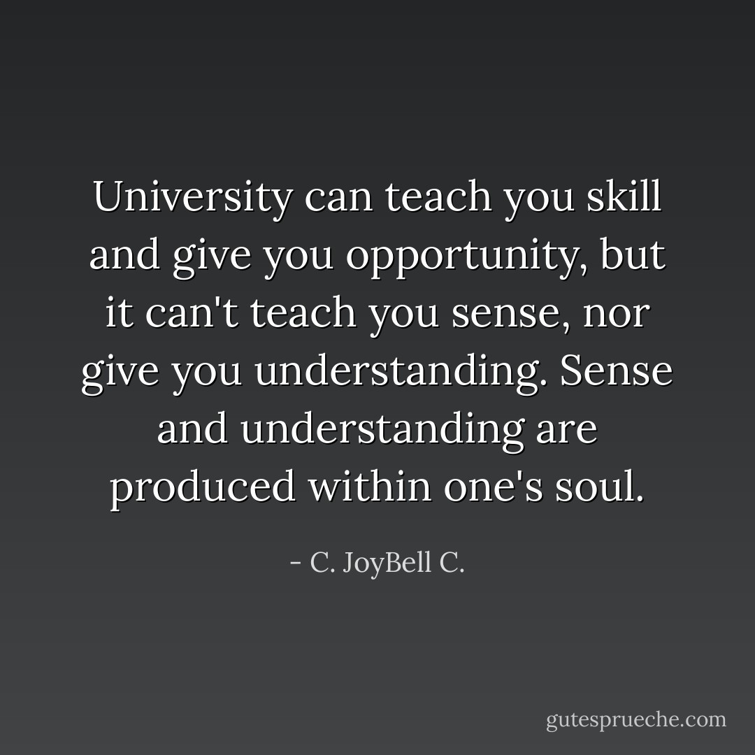 University can teach you skill and give you opportunity, but it can't teach you sense, nor give you understanding. Sense and understanding are produced within one's soul. - C. JoyBell C.