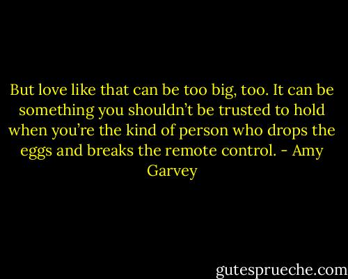 But love like that can be too big, too. It can be something you shouldn’t be trusted to hold when you’re the kind of person who drops the eggs and breaks the remote control. - Amy Garvey