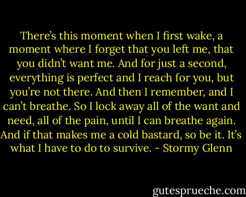 There’s this moment when I first wake, a moment where I forget that you left me, that you didn’t want me. And for just a second, everything is perfect and I reach for you, but you’re not there. And then I remember, and I can’t breathe. So I lock away all of the want and need, all of the pain, until I can breathe again. And if that makes me a cold bastard, so be it. It’s what I have to do to survive. - Stormy Glenn