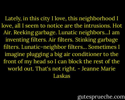 Lately, in this city I love, this neighborhood I love, all I seem to notice are the intrusions. Hot Air. Reeking garbage. Lunatic neighbors...I am inventing filters. Air filters. Stinking garbage filters. Lunatic-neighbor filters... Sometimes I imagine plugging a big air conditioner to the front of my head so I can block the rest of the world out. That's not right. - Jeanne Marie Laskas