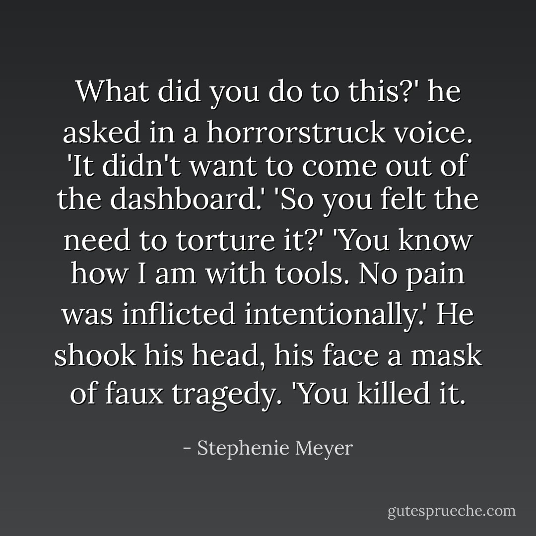 What did you do to this?' he asked in a horrorstruck voice.<br />'It didn't want to come out of the dashboard.'<br />'So you felt the need to torture it?'<br />'You know how I am with tools. No pain was inflicted intentionally.'<br />He shook his head, his face a mask of faux tragedy. 'You killed it. - Stephenie Meyer