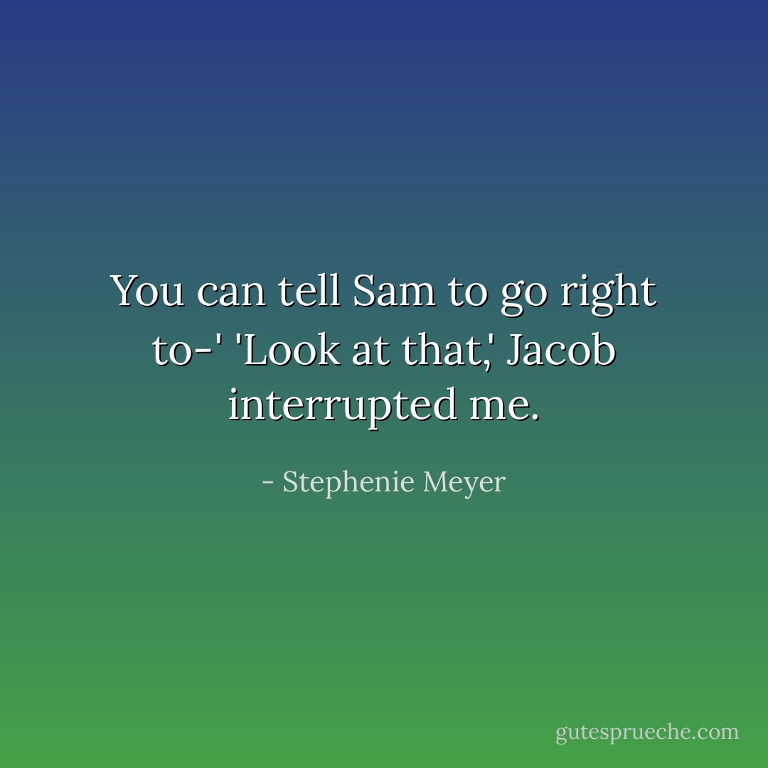 You can tell Sam to go right to-'<br />'Look at that,' Jacob interrupted me. - Stephenie Meyer