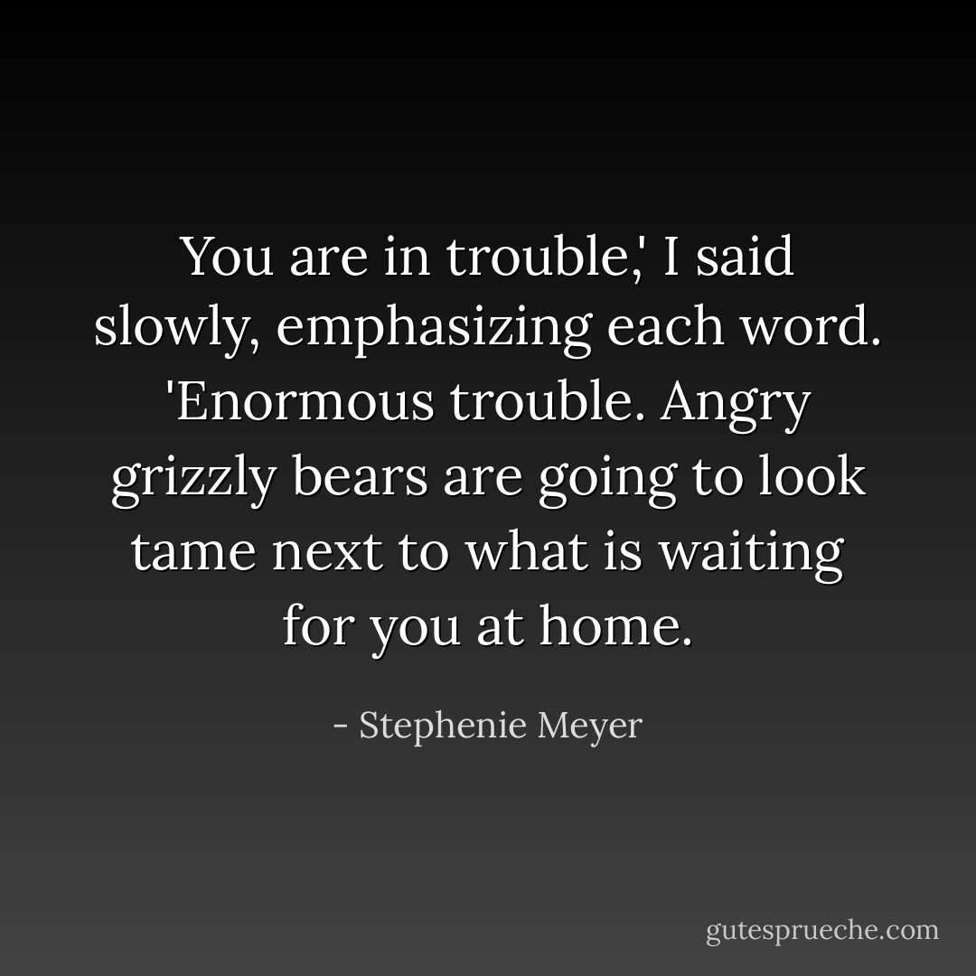 You are in trouble,' I said slowly, emphasizing each word. 'Enormous trouble. Angry grizzly bears are going to look tame next to what is waiting for you at home. - Stephenie Meyer