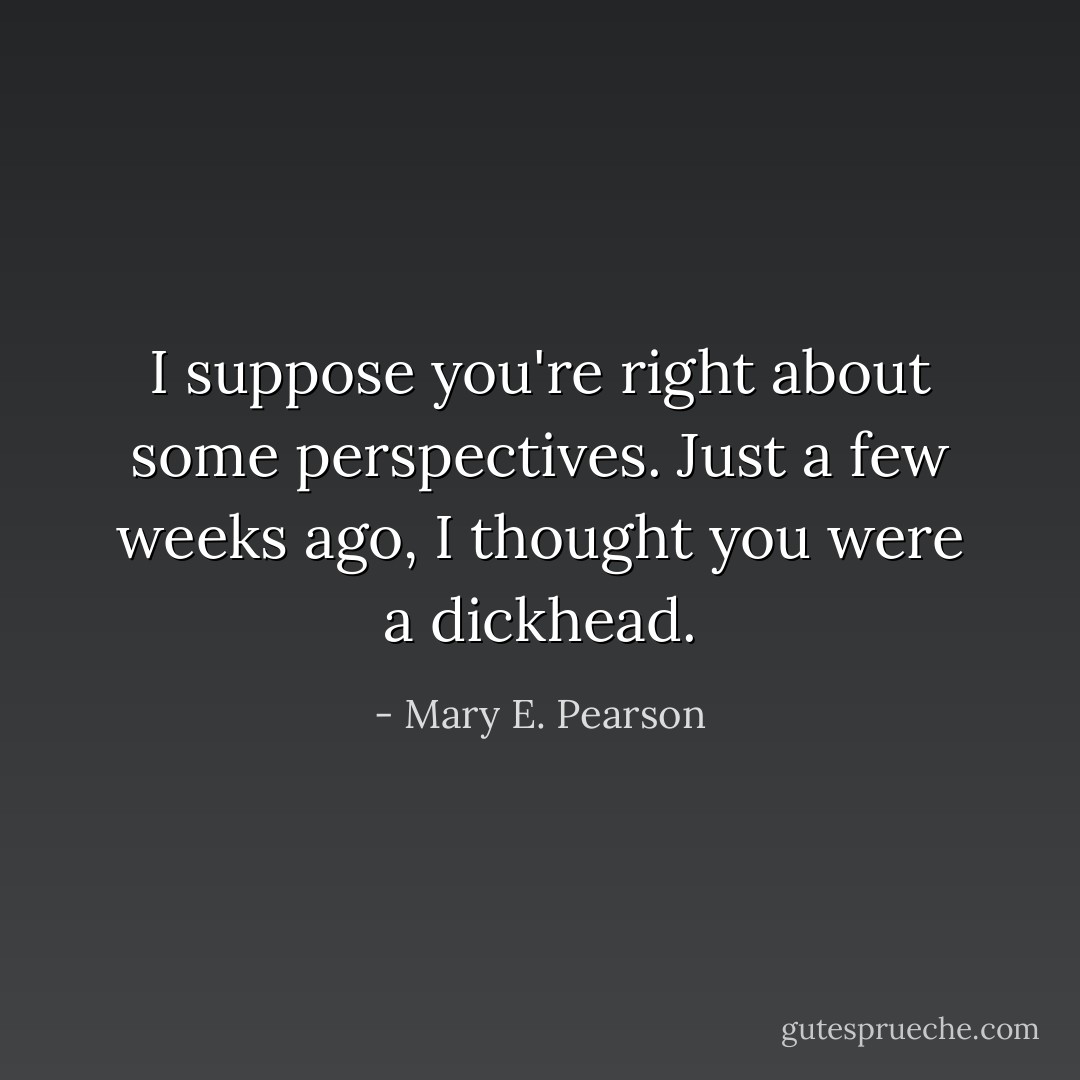 I suppose you're right about some perspectives. Just a few weeks ago, I thought you were a dickhead. - Mary E. Pearson