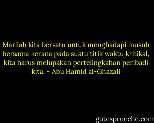 Marilah kita bersatu untuk menghadapi musuh bersama kerana pada suatu titik waktu kritikal, kita harus melupakan pertelingkahan peribadi kita. - Abu Hamid al-Ghazali