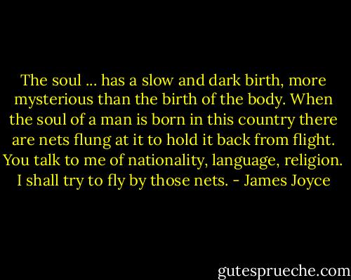 The soul ... has a slow and dark birth, more mysterious than the birth of the body. When the soul of a man is born in this country there are nets flung at it to hold it back from flight. You talk to me of nationality, language, religion. I shall try to fly by those nets. - James Joyce