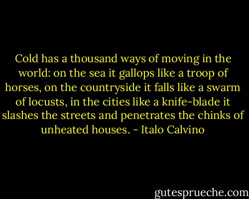Cold has a thousand ways of moving in the world: on the sea it gallops like a troop of horses, on the countryside it falls like a swarm of locusts, in the cities like a knife-blade it slashes the streets and penetrates the chinks of unheated houses. - Italo Calvino