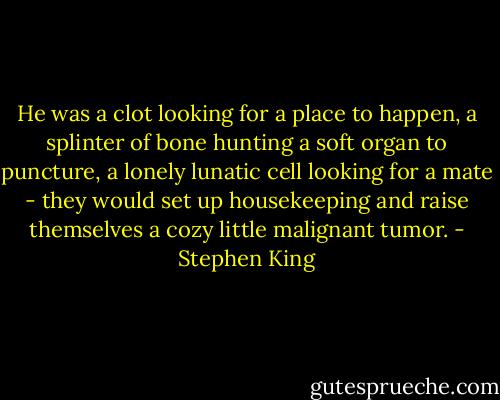He was a clot looking for a place to happen, a splinter of bone hunting a soft organ to puncture, a lonely lunatic cell looking for a mate - they would set up housekeeping and raise themselves a cozy little malignant tumor. - Stephen King