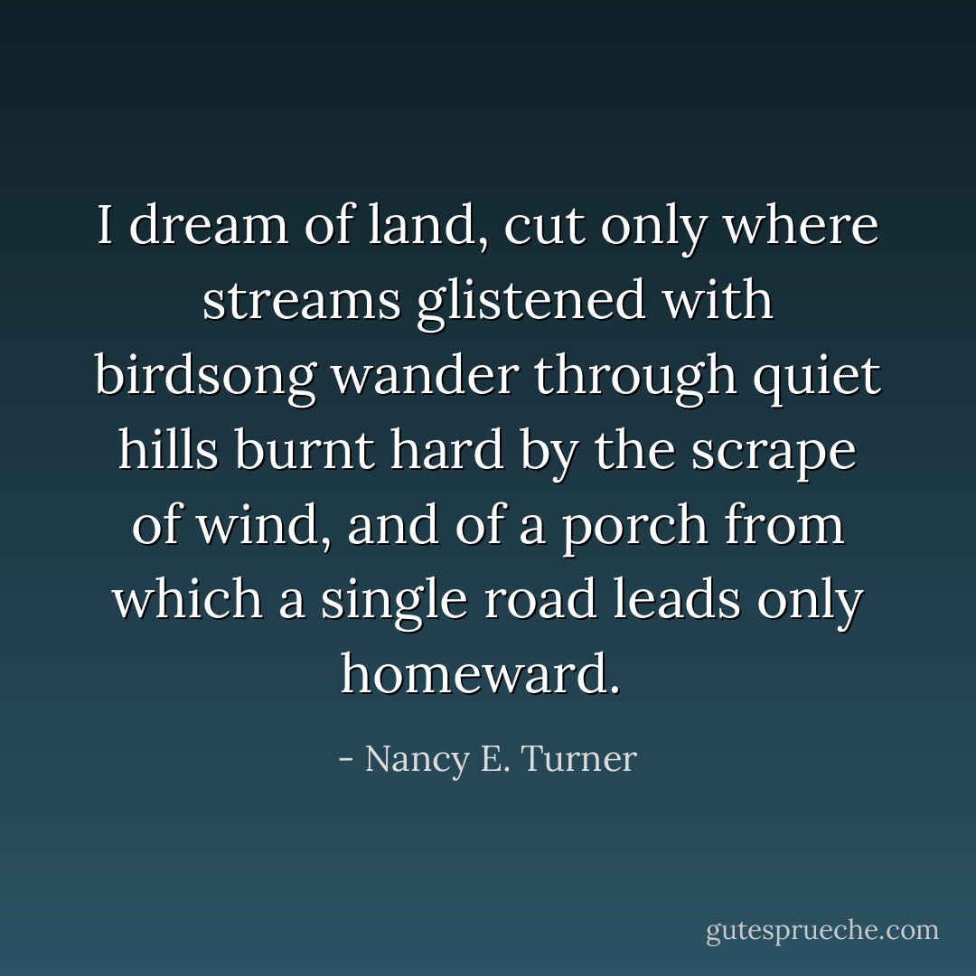 I dream of land, cut only where streams glistened with birdsong wander through quiet hills burnt hard by the scrape of wind, and of a porch from which a single road leads only homeward.  - Nancy E. Turner