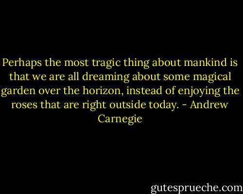 Perhaps the most tragic thing about mankind is that we are all dreaming about some magical garden over the horizon, instead of enjoying the roses that are right outside today. - Andrew Carnegie