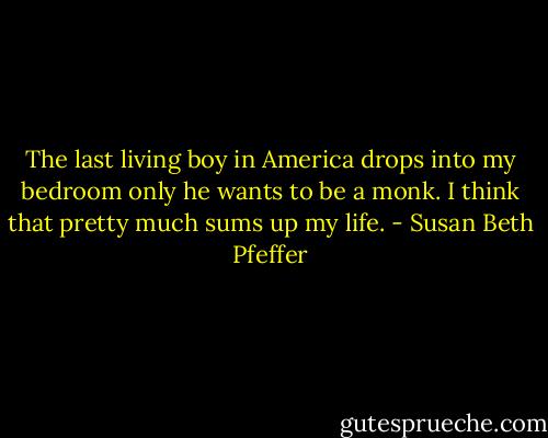 The last living boy in America drops into my bedroom only he wants to be a monk. I think that pretty much sums up my life. - Susan Beth Pfeffer