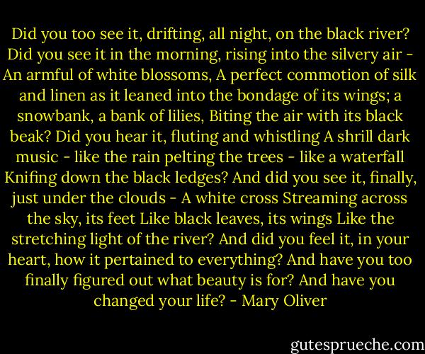 Did you too see it, drifting, all night, on the black river?<br />Did you see it in the morning, rising into the silvery air -<br />An armful of white blossoms,<br />A perfect commotion of silk and linen as it leaned<br />into the bondage of its wings; a snowbank, a bank of lilies,<br />Biting the air with its black beak?<br />Did you hear it, fluting and whistling<br />A shrill dark music - like the rain pelting the trees - like a waterfall<br />Knifing down the black ledges?<br />And did you see it, finally, just under the clouds -<br />A white cross Streaming across the sky, its feet<br />Like black leaves, its wings Like the stretching light of the river?<br />And did you feel it, in your heart, how it pertained to everything?<br />And have you too finally figured out what beauty is for?<br />And have you changed your life? - Mary Oliver