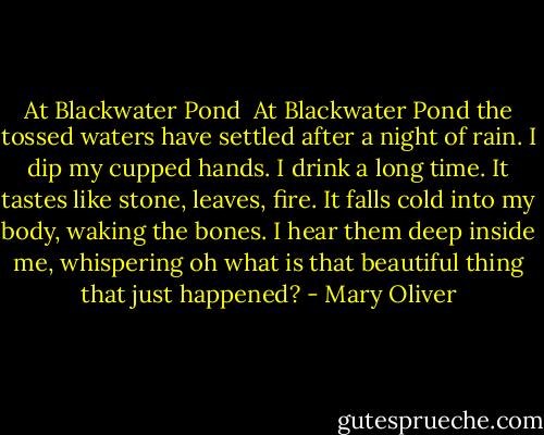 At Blackwater Pond<br /><br />At Blackwater Pond the tossed waters have settled<br />after a night of rain.<br />I dip my cupped hands. I drink<br />a long time. It tastes<br />like stone, leaves, fire. It falls cold<br />into my body, waking the bones. I hear them<br />deep inside me, whispering<br />oh what is that beautiful thing<br />that just happened? - Mary Oliver