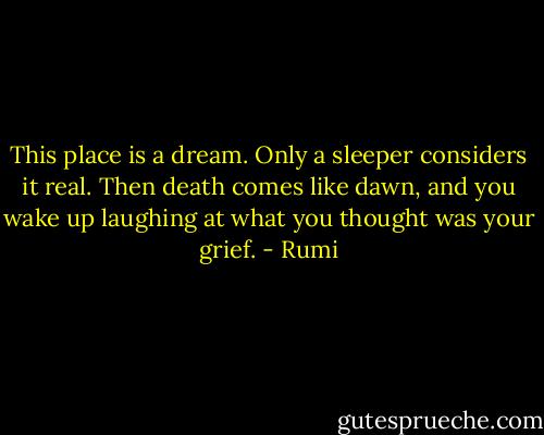 This place is a dream. Only a sleeper considers it real. Then death comes like dawn, and you wake up laughing at what you thought was your grief. - Rumi