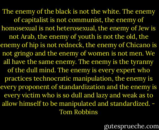 The enemy of the black is not the white. The enemy of capitalist is not communist, the enemy of homosexual is not heterosexual, the enemy of Jew is not Arab, the enemy of youth is not the old, the enemy of hip is not redneck, the enemy of Chicano is not gringo and the enemy of women is not men. We all have the same enemy. The enemy is the tyranny of the dull mind. The enemy is every expert who practices technocratic manipulation, the enemy is every proponent of standardization and the enemy is every victim who is so dull and lazy and weak as to allow himself to be manipulated and standardized. - Tom Robbins