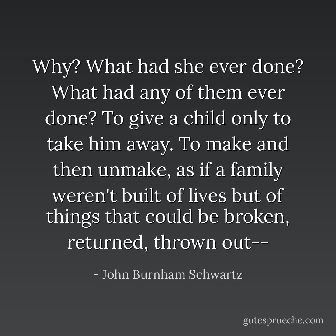 Why? What had she ever done? What had any of them ever done? To give a child only to take him away. To make and then unmake, as if a family weren't built of lives but of things that could be broken, returned, thrown out-- - John Burnham Schwartz