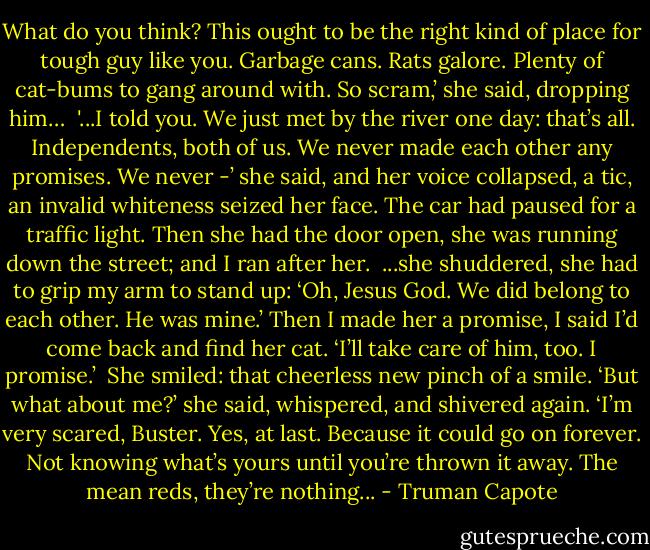 What do you think? This ought to be the right kind of place for tough guy like you. Garbage cans. Rats galore. Plenty of cat-bums to gang around with. So scram,’ she said, dropping him…<br /> '...I told you. We just met by the river one day: that’s all. Independents, both of us. We never made each other any promises. We never -’ she said, and her voice collapsed, a tic, an invalid whiteness seized her face. The car had paused for a traffic light. Then she had the door open, she was running down the street; and I ran after her.<br /> ...she shuddered, she had to grip my arm to stand up: ‘Oh, Jesus God. We did belong to each other. He was mine.’ Then I made her a promise, I said I’d come back and find her cat. ‘I’ll take care of him, too. I promise.’<br /> She smiled: that cheerless new pinch of a smile. ‘But what about me?’ she said, whispered, and shivered again. ‘I’m very scared, Buster. Yes, at last. Because it could go on forever. Not knowing what’s yours until you’re thrown it away. The mean reds, they’re nothing... - Truman Capote