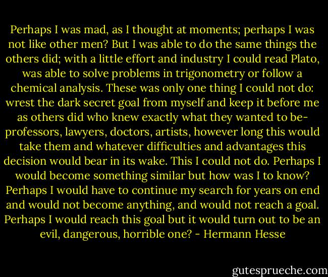 Perhaps I was mad, as I thought at moments; perhaps I was not like other men? But I was able to do the same things the others did; with a little effort and industry I could read Plato, was able to solve problems in trigonometry or follow a chemical analysis. These was only one thing I could not do: wrest the dark secret goal from myself and keep it before me as others did who knew exactly what they wanted to be- professors, lawyers, doctors, artists, however long this would take them and whatever difficulties and advantages this decision would bear in its wake. This I could not do. Perhaps I would become something similar but how was I to know? Perhaps I would have to continue my search for years on end and would not become anything, and would not reach a goal. Perhaps I would reach this goal but it would turn out to be an evil, dangerous, horrible one? - Hermann Hesse