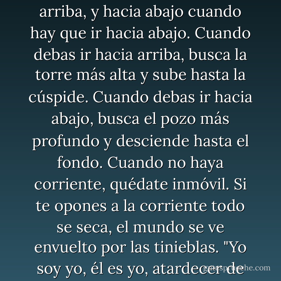 No se debe oponer resistencia a la corriente: hay que ir hacia arriba cuando hay que ir hacia arriba, y hacia abajo cuando hay que ir hacia abajo. Cuando debas ir hacia arriba, busca la torre más alta y sube hasta la cúspide. Cuando debas ir hacia abajo, busca el pozo más profundo y desciende hasta el fondo. Cuando no haya corriente, quédate inmóvil. Si te opones a la corriente todo se seca, el mundo se ve envuelto por las tinieblas. "Yo soy yo, él es yo, atardecer de otoño" Cuando renuncias a mi, yo existo. - Haruki Murakami