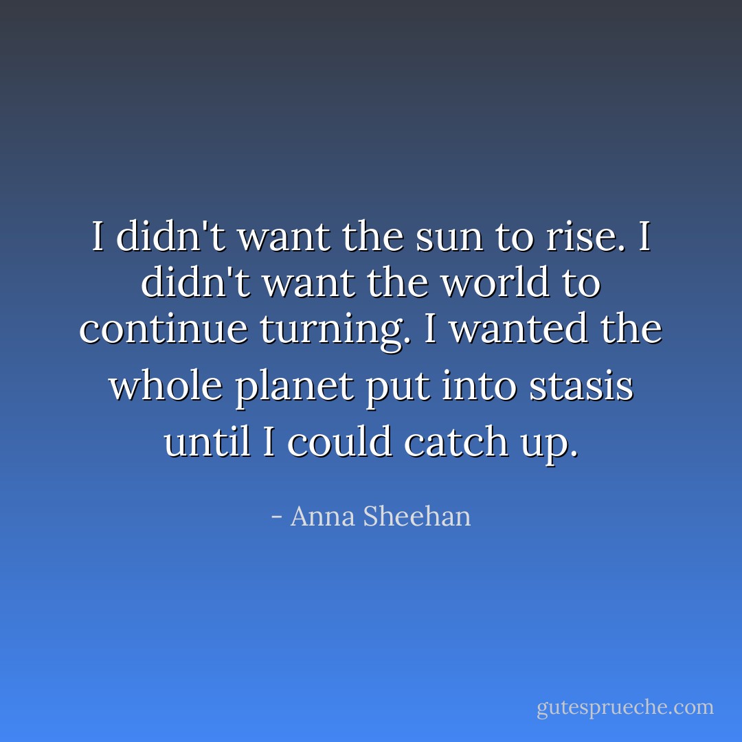 I didn't want the sun to rise. I didn't want the world to continue turning. I wanted the whole planet put into stasis until I could catch up. - Anna Sheehan