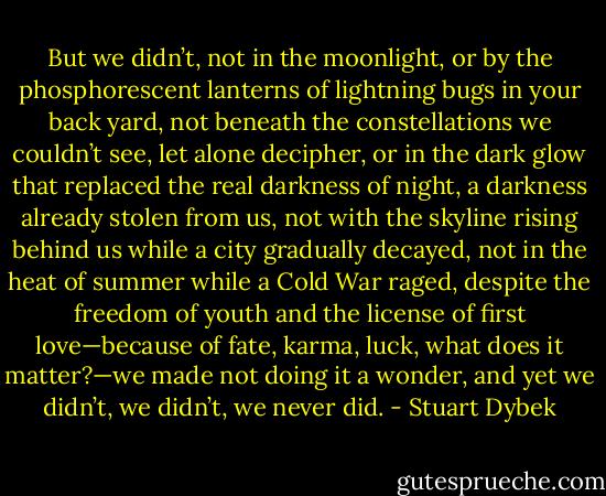 But we didn’t, not in the moonlight, or by the phosphorescent lanterns of lightning bugs in your back yard, not beneath the constellations we couldn’t see, let alone decipher, or in the dark glow that replaced the real darkness of night, a darkness already stolen from us, not with the skyline rising behind us while a city gradually decayed, not in the heat of summer while a Cold War raged, despite the freedom of youth and the license of first love—because of fate, karma, luck, what does it matter?—we made not doing it a wonder, and yet we didn’t, we didn’t, we never did. - Stuart Dybek