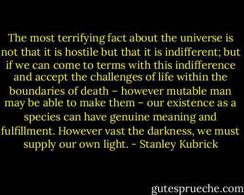 The most terrifying fact about the universe is not that it is hostile but that it is indifferent; but if we can come to terms with this indifference and accept the challenges of life within the boundaries of death – however mutable man may be able to make them – our existence as a species can have genuine meaning and fulfillment. However vast the darkness, we must supply our own light. - Stanley Kubrick