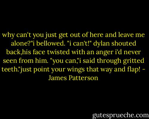 why can't you just get out of here and leave me alone?"i bellowed.<br />"i can't!" dylan shouted back,his face twisted with an anger i'd never seen from him.<br />"you can,"i said through gritted teeth."just point your wings that way and flap! - James Patterson
